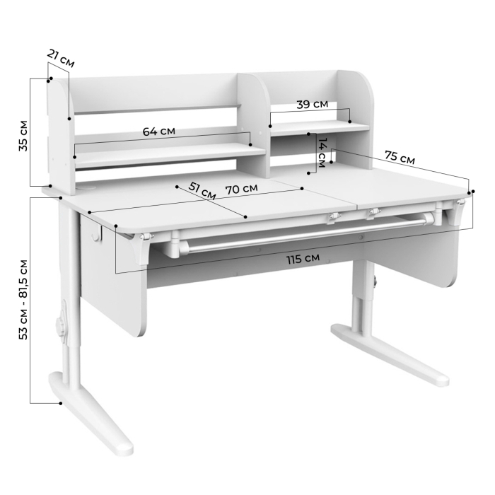 Характеристики Раздельная парта Дэми СУТ.62 PRO с выдвижным пеналом, надстройкой и тумбой